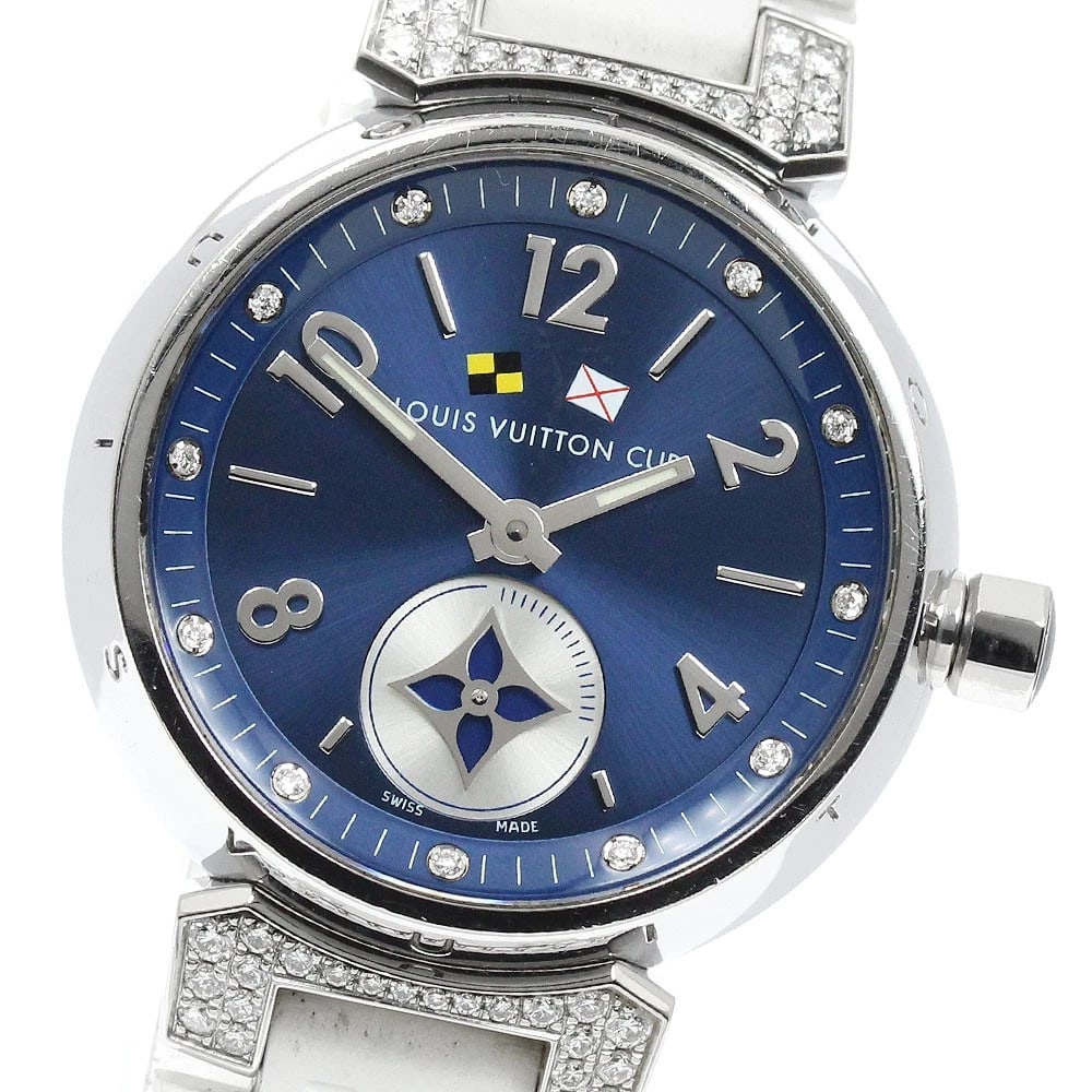 LOUIS VUITTON TAMBOUR LOVELY CUP LUG DIAMOND QUARTZ WATCH: LOUIS VUITTON Tambour Lovely Cup Lug Diamond Quartz Watch Brand: LOUIS VUITTON Type/Style: Wristwatch Material: Band Material rubber, Case Material Stainless Steel Color: Band Color white, Case Color 