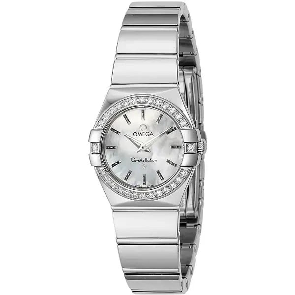OMEGA CONSTELLATION WHITE PEARL WATCH: OMEGA Constellation White Pearl Watch Brand: OMEGA Type/Style: Wristwatch Material: Case: Stainless steel Color: Case Color Dial: White Size: Case: 24mm diameter Lug width: 16mm Accessories: None