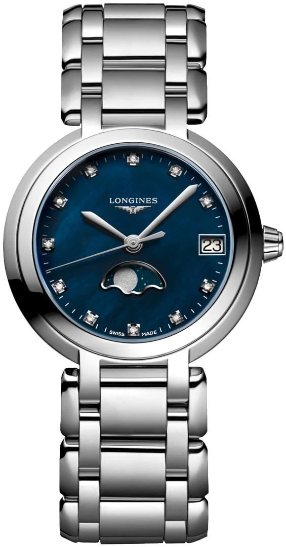 LONGINES PRIMALUNA WATCH: LONGINES PrimaLuna Watch Brand: Longines Type/Style: Wristwatch Material: Case Material: Stainless Steel Color: Case Color Dial Color: Blue Size: Case Diameter: 30.5 x 30.5 mm Accessories: None