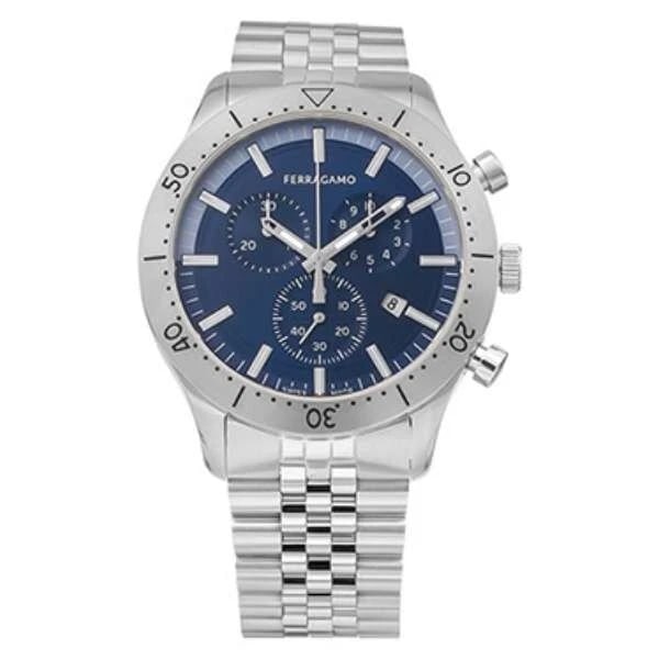 SALVATORE FERRAGAMO GENT CHRONO BLUE WATCH: Salvatore Ferragamo Gent Chrono Blue Watch Brand: Salvatore Ferragamo Type/Style: Wristwatch Material: Case Stainless steel Color: Case Color Blue Size: [Case size] Height 43 x width 43 x thickness