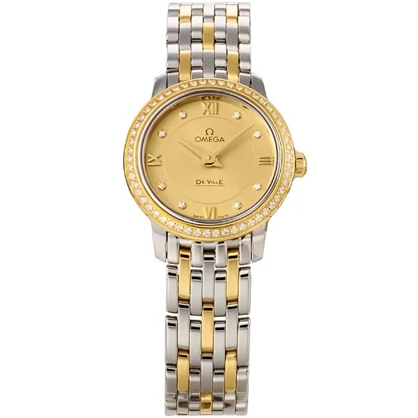 OMEGA DE VILLE PRESTIGE QUARTZ METAL BELT WATCH: OMEGA De Ville Prestige Quartz Metal Belt Watch Brand: OMEGA Type/Style: Wristwatch Material: Case material: (Gold: 18K) Yellow gold/stainless steel Color: Case Color Dial color: Champagne gold Size: 
