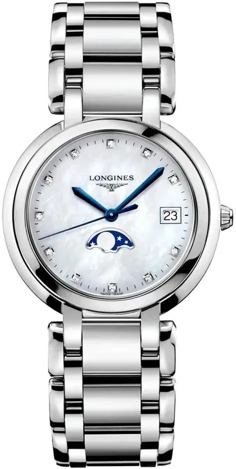 LONGINES PRIMALUNA WATCH: LONGINES PrimaLuna Watch Brand: Longines Type/Style: Wristwatch Material: Case Material: Stainless Steel Color: Case Color Dial Color: White Size: Case Diameter: 34 x 34 mm Accessories: None <