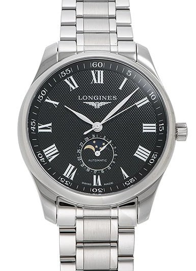 LONGINES MASTER COLLECTION MOON PHASE BLACK WATCH: Longines Master Collection Moon Phase Black Watch Brand: Longines Type/Style: Wristwatch Material: Stainless steel Color: Case Color none Size: Case Diameter: 42mm Accessories: None Access