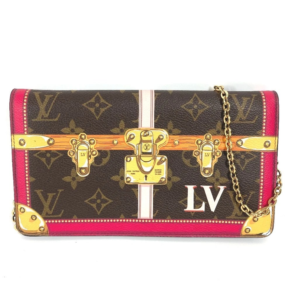 LOUIS VUITTON SUMMER TRUNK -CLUTCH CHAIN WALLET: LOUIS VUITTON Summer Trunk -Clutch Chain Wallet Brand: Louis Vuitton Type/Style: Long Wallet Material: Monogram Canvas Color: Brown x pink Size: W8.7?H4.9inch / W22cm H12.5cm Accessories: None