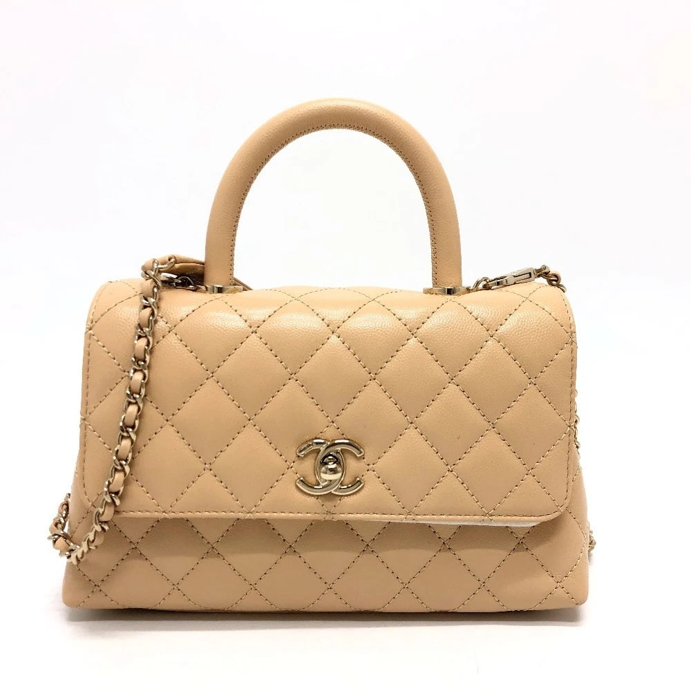 CHANEL MATELASSE COCO HANDLE XS 24 2WAY BAG: CHANEL Matelasse Coco Handle XS 24 2WAY Bag Brand: CHANEL Type/Style: Hand Bag Material: Caviar Leather Color: Beige x Gold Hardware Size: W9.1?H5.7?D3.5inch / W23cm H14.5cm D9cm Handle: 8.7inch / 22c
