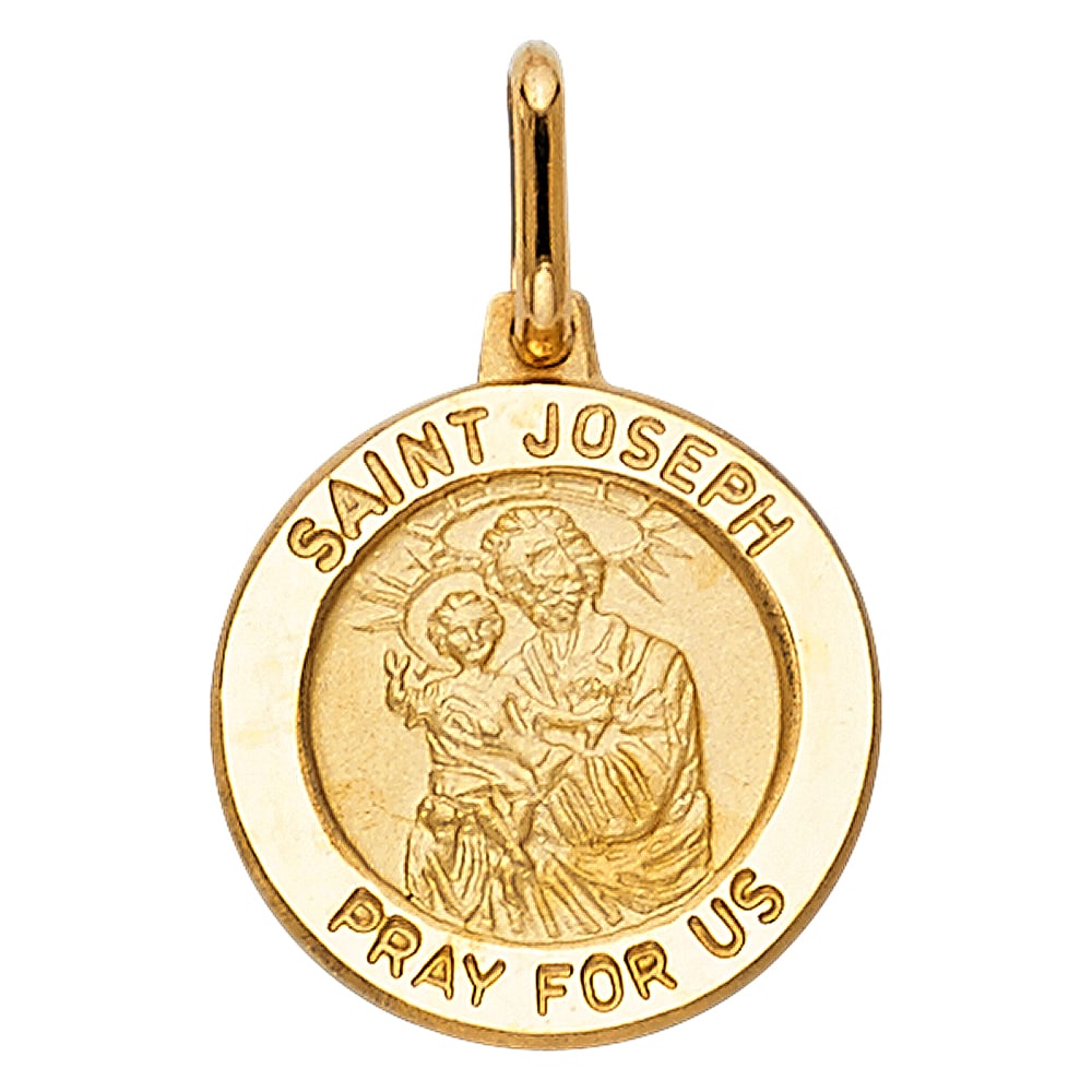 14KY ST. JOSEPH ROUND MEDAL: 14KY St. Joseph Round Medal Material Type : 14k Gold Material Color : Yellow Avg. Weight: Avg. Weight: 2.02 Gr. Size: Height 15 mm, Width 15 mm Accessories: None Notice: When purchasing pre-owned g