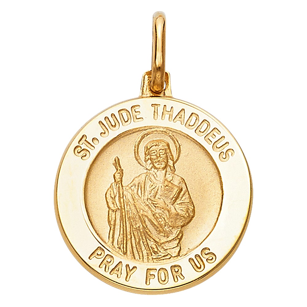 14KY ST. JUDE ROUND MEDAL: 14KY St. Jude Round Medal Material Type : 14k Gold Material Color : Yellow Avg. Weight: Avg. Weight: 3.14 Gr. Size: Height 18 mm, Width 18 mm Accessories: None Notice: When purchasing pre-owned goo