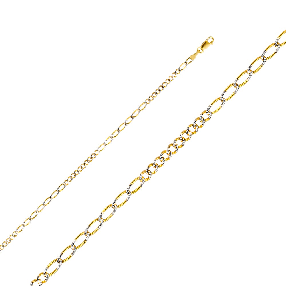 14KY FIGARO WP CHAIN: 14KY Figaro WP Chain Material Type : 14k Gold Material Color : Two Tone Avg. Weight: Avg. Weight: 3.74 Gr. Size: Length : 16 inch, Width 2.6mm Accessories: None Notice: When purchasing pre-owned go