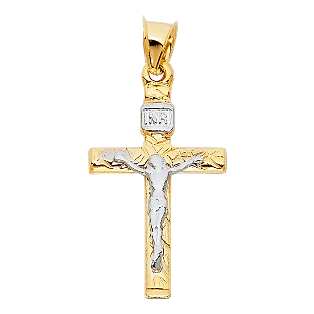 14K 2T MASHED CRUCUFIX: 14K 2T Mashed Crucufix Material Type : 14k Gold Material Color : Two Tone Avg. Weight: Avg. Weight: 0.85 Gr. Size: Height 30 mm, Width 15 mm Accessories: None Notice: When purchasing pre-owned good