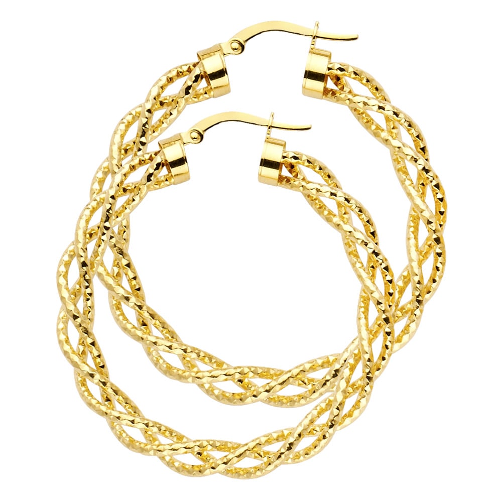14KY BRAIDED HOLLOW HOOP EARRINGS: 14KY Braided Hollow Hoop Earrings Material Type : 14k Gold Material Color : Yellow Avg. Weight: Avg. Weight: 3.51 Gr. Size: Height : 40 mm, Width : 40 mm Accessories: None Notice: When purchasing p