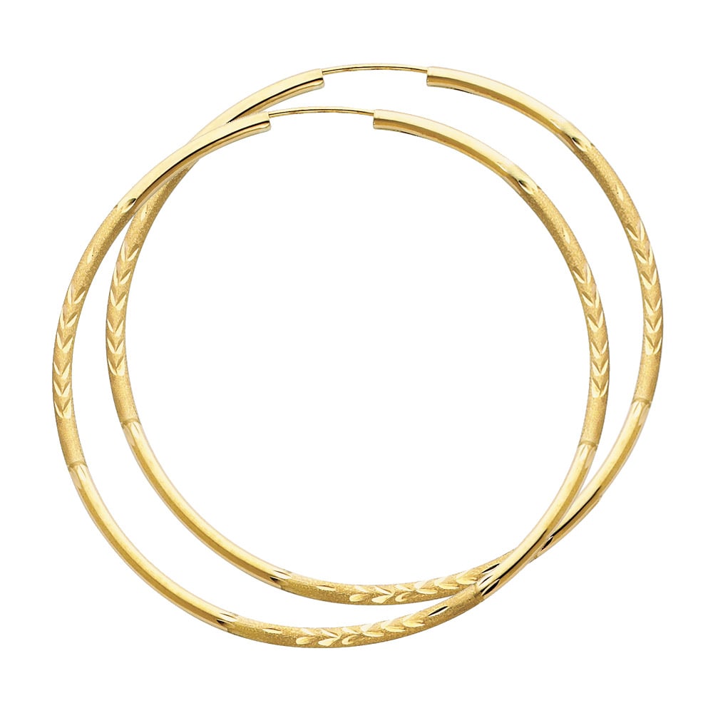 14KY BUDDED DC ENDLESS HOOP EARRINGS: 14KY Budded DC Endless Hoop Earrings Material Type : 14k Gold Material Color : Yellow Avg. Weight: Avg. Weight: 3.07 Gr. Size: Height : 60 mm, Width : 60 mm Accessories: None Notice: When purchasin