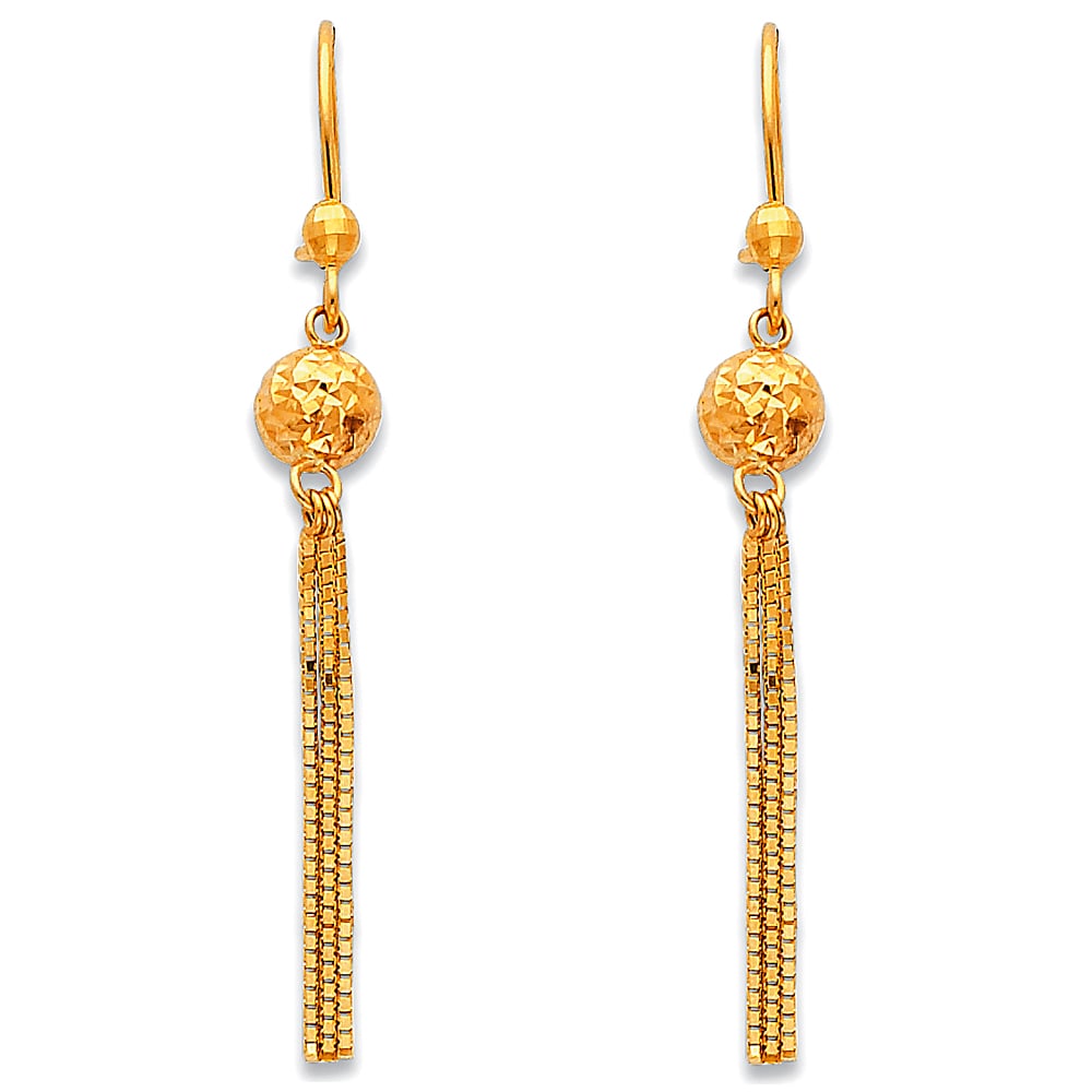 14KY HANGING EARRINNGS: 14KY Hanging Earrinngs Material Type : 14k Gold Material Color : Yellow Avg. Weight: Avg. Weight: 1.94 Gr. Size: Height : 50 mm, Width : 6 mm Accessories: None Notice: When purchasing pre-owned goo