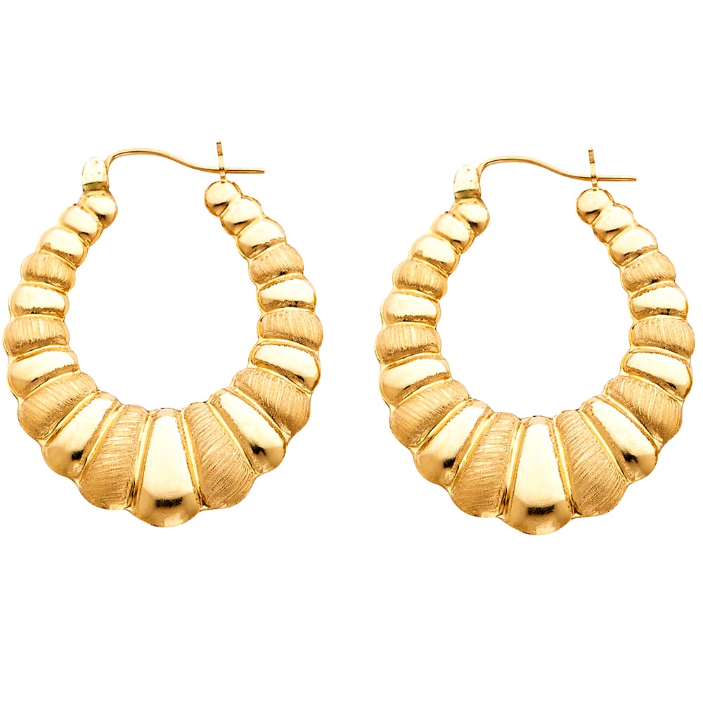 14KY FANCY HOLLOW HOOP EARRINGS: 14KY Fancy Hollow Hoop Earrings Material Type : 14k Gold Material Color : Yellow Avg. Weight: Avg. Weight: 3.67 Gr. Size: Height : 35 mm, Width : 30 mm Accessories: None Notice: When purchasing pre
