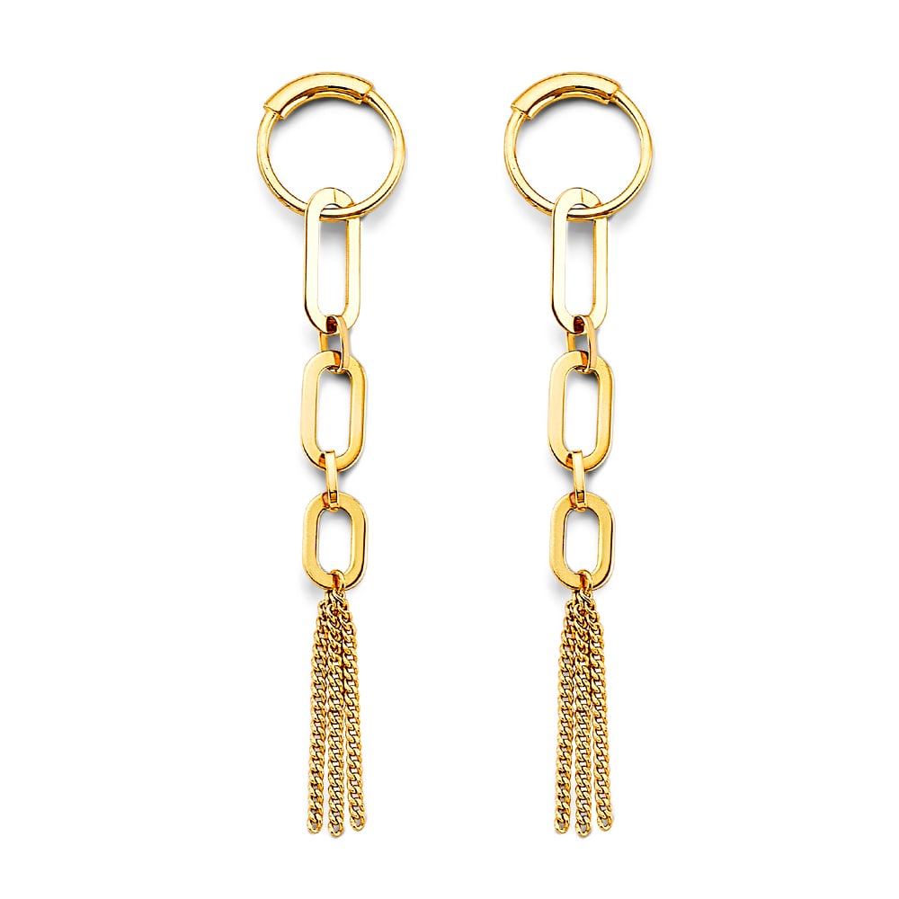 14KY PAPERCLIP HANGING EARRINGS: 14KY Paperclip Hanging Earrings Material Type : 14k Gold Material Color : Yellow Avg. Weight: Avg. Weight: 3.02 Gr. Size: Height : 65 mm, Width : 10 mm Accessories: None Notice: When purchasing pre