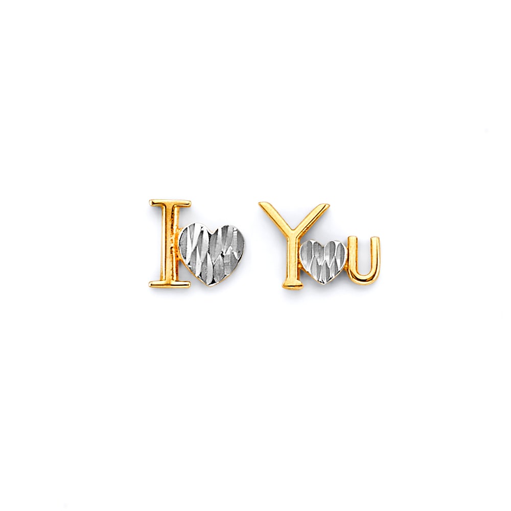 14K 2T I LOVE YOU PUSH BACK EARRINGS: 14K 2T I Love You Push Back Earrings Material Type : 14k Gold Material Color : Two Tone Avg. Weight: Avg. Weight: 1.03 Gr. Size: Height : 7 mm, Width : 8 mm Accessories: None Notice: When purchasin