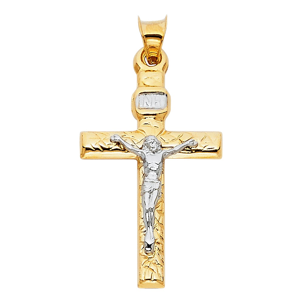 14K 2T MASHED CRUCUFIX: 14K 2T Mashed Crucufix Material Type : 14k Gold Material Color : Two Tone Avg. Weight: Avg. Weight: 1.28 Gr. Size: Height 35 mm, Width 18 mm Accessories: None Notice: When purchasing pre-owned good