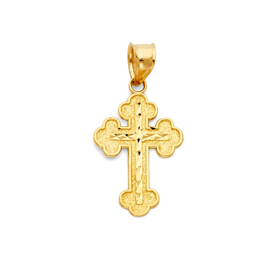 14KY BUDDED DC CROSS: 14KY Budded DC Cross Material Type : 14k Gold Material Color : Yellow Avg. Weight: Avg. Weight: 1.11 Gr. Size: Height 25 mm, Width 15 mm Accessories: None Notice: When purchasing pre-owned goods, p