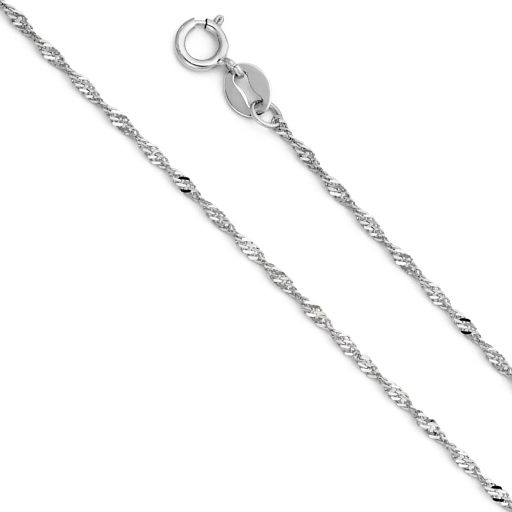 14KW SINGAPORE CHAIN: 14KW Singapore Chain Material Type : 14k Gold Material Color : White Avg. Weight: Avg. Weight: 1.16 Gr. Size: Length : 16 inch, Width 1.2mm Accessories: None Notice: When purchasing pre-owned goods