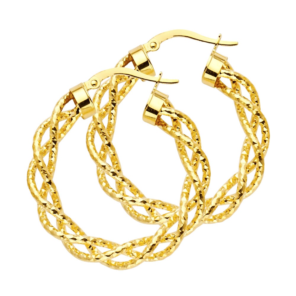 14KY BRAIDED HOLLOW HOOP EARRINGS: 14KY Braided Hollow Hoop Earrings Material Type : 14k Gold Material Color : Yellow Avg. Weight: Avg. Weight: 3.05 Gr. Size: Height : 30 mm, Width : 30 mm Accessories: None Notice: When purchasing p