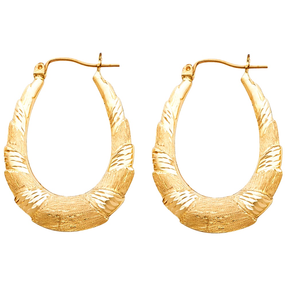 14KY FANCY HOLLOW HOOP EARRINGS: 14KY Fancy Hollow Hoop Earrings Material Type : 14k Gold Material Color : Yellow Avg. Weight: Avg. Weight: 3.16 Gr Size: Height : 35 mm, Width : 27 mm Accessories: None Notice: When purchasing pre-