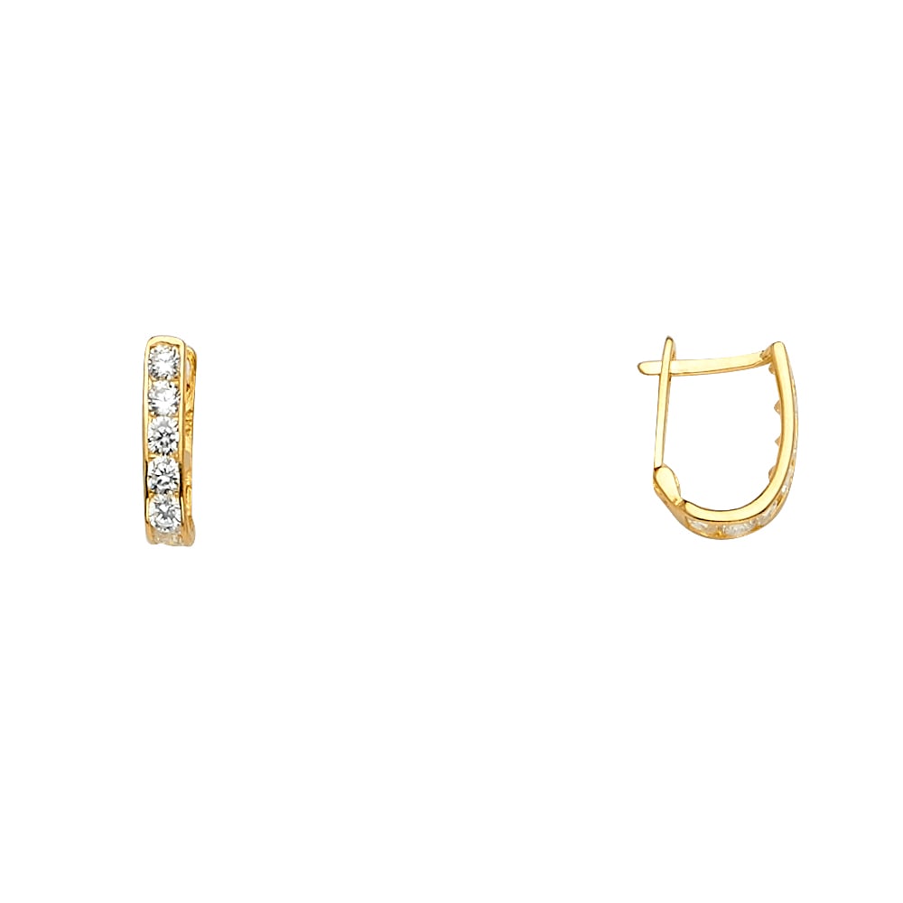 14KY CZ CHANNEL HUGGIES EARRINGS: 14KY CZ Channel Huggies Earrings Material Type : 14k Gold Material Color : Yellow Avg. Weight: Avg. Weight: 1.1 Gr. Size: Height : 11 mm, Width : 8 mm Accessories: None Notice: When purchasing pre-