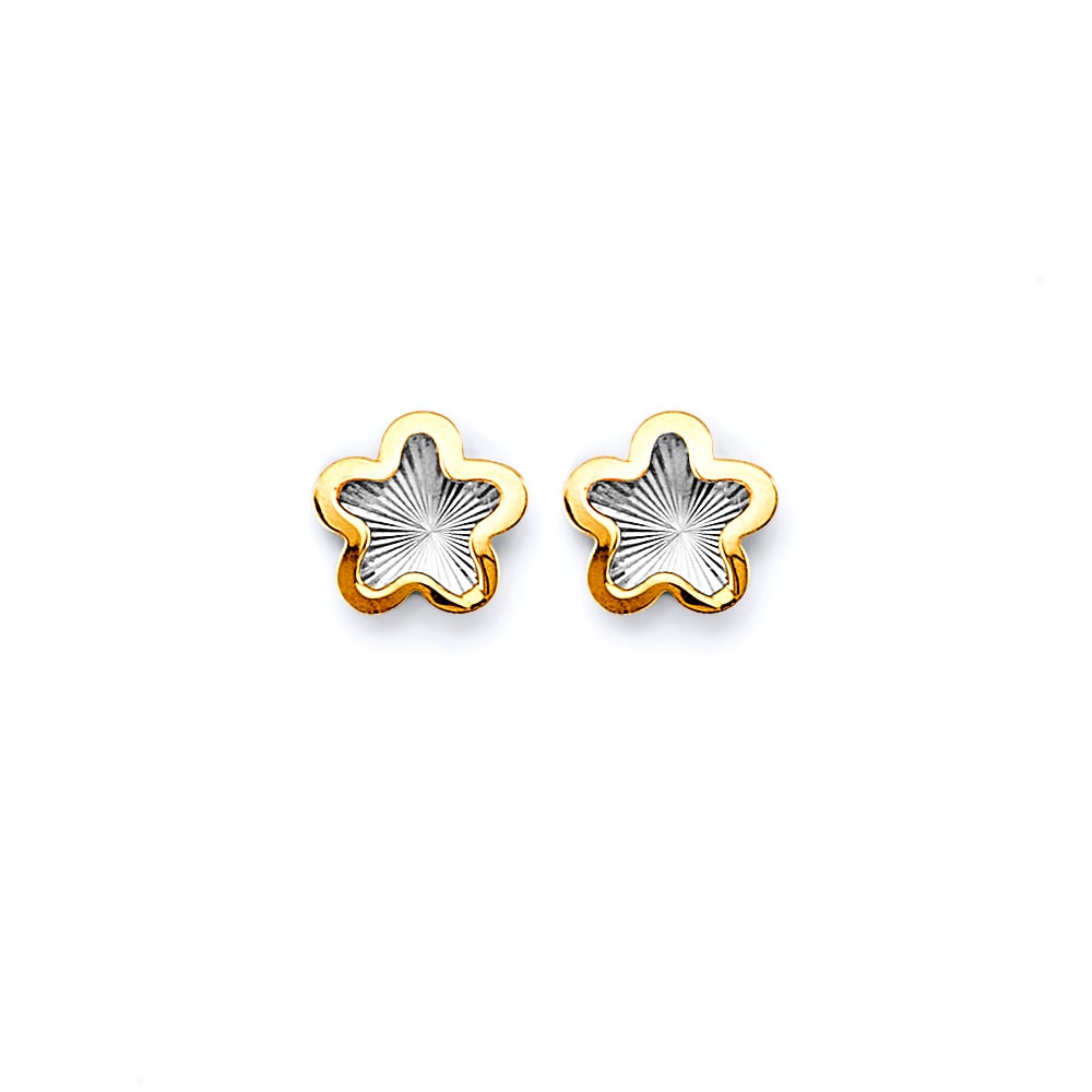 14K 2T DC STAR PUSH BACK EARRINGS: 14K 2T DC Star Push Back Earrings Material Type : 14k Gold Material Color : Two Tone Avg. Weight: Avg. Weight: 0.88 Gr. Size: Height : 7 mm, Width : 7 mm Accessories: None Notice: When purchasing p