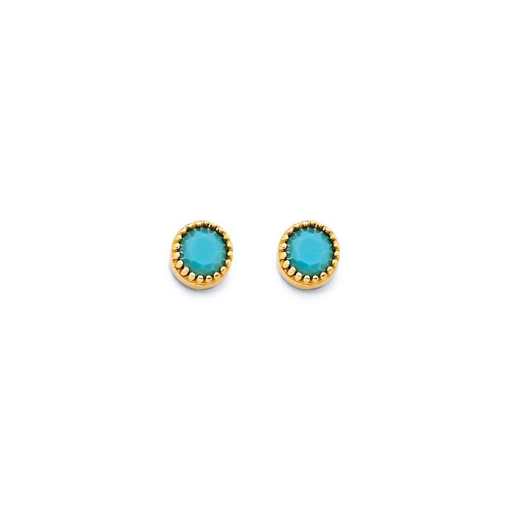 14KY ROUND TURQUOISE PUSH BACK EARRINGS: 14KY Round Turquoise Push Back Earrings Material Type : 14k Gold Material Color : Yellow Avg. Weight: Avg. Weight: 1.04 Gr. Size: Height : 5 mm, Width : 5 mm Accessories: None Notice: When purchasi