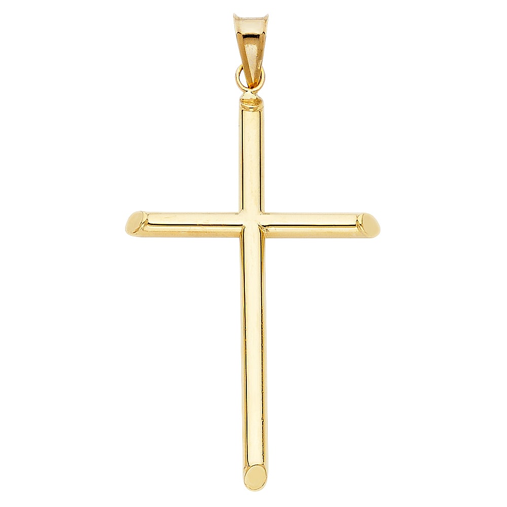14KY HOLLOW ROUND TUBE CROSS: 14KY Hollow Round Tube Cross Material Type : 14k Gold Material Color : Yellow Avg. Weight: Avg. Weight: 1.56 Gr. Size: Height 50 mm, Width 25 mm Accessories: None Notice: When purchasing pre-owned