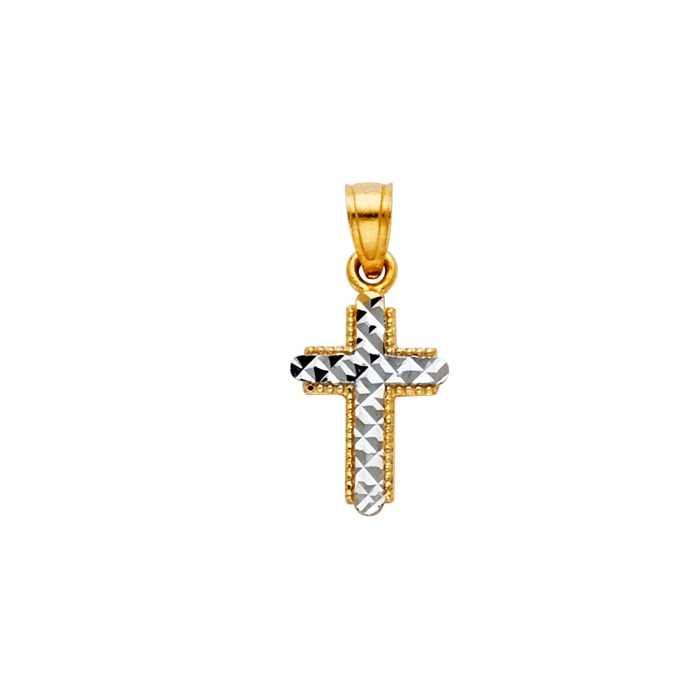14K 2T DC SMALL CROSS: 14K 2T DC Small Cross Material Type : 14k Gold Material Color : Two Tone Avg. Weight: Avg. Weight: 0.76 Gr. Size: Height 15 mm, Width 8 mm Accessories: None Notice: When purchasing pre-owned goods,