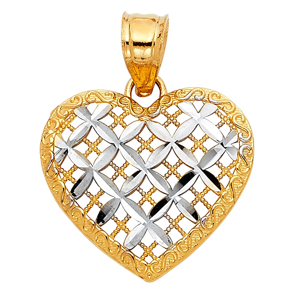 14K HEART PENDANT: 14K Heart Pendant Material Type : 14k Gold Material Color : Two Tone Avg. Weight: Avg. Weight: 1.24 Gr. Size: Height 17 mm, Width 18 mm Accessories: None Notice: When purchasing pre-owned goods, pl