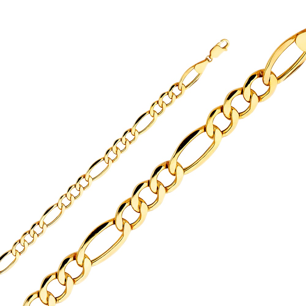 14KY HOLLOW FIGARO BEVEL CHAIN: 14KY Hollow Figaro Bevel Chain Material Type : 14k Gold Material Color : Yellow Avg. Weight: Avg. Weight: 5.96 Gr. Size: Length : 8 inch, Width 7.2mm Accessories: None Notice: When purchasing pre-o