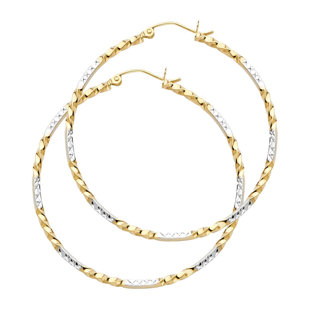 14K 2T CURLED HOOP EARRINGS: 14K 2T Curled Hoop Earrings Material Type : 14k Gold Material Color : Two Tone Avg. Weight: Avg. Weight: 1.9 Gr. Size: Height : 35 mm, Width : 35 mm Accessories: None Notice: When purchasing pre-ow