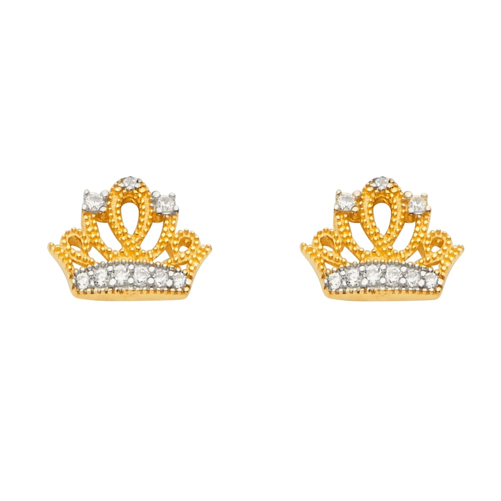 14K 2T CZ CROWN EARRINGS WITH PUSH BACK: 14K 2T CZ Crown Earrings with Push Back Material Type : 14k Gold Material Color : Two Tone Avg. Weight: Avg. Weight: 1.37 Gr. Size: Height : 8 mm, Width : 10 mm Accessories: None Notice: When purch