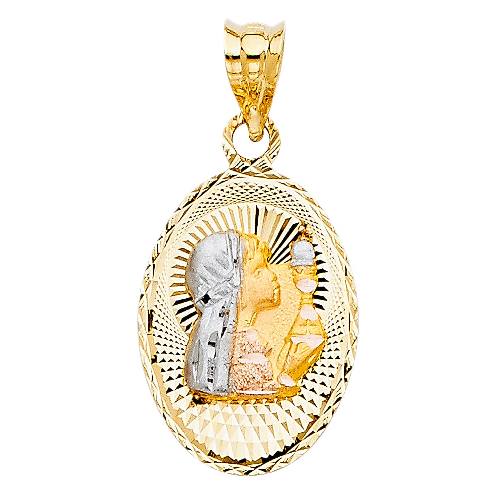 14K 2T RELIGIOUS STAMP PENDANT: 14K 2T Religious Stamp Pendant Material Type : 14k Gold Material Color : Two Tone Avg. Weight: Avg. Weight: 1.26 Gr. Size: Height 21 mm, Width 14 mm Accessories: None Notice: When purchasing pre-ow