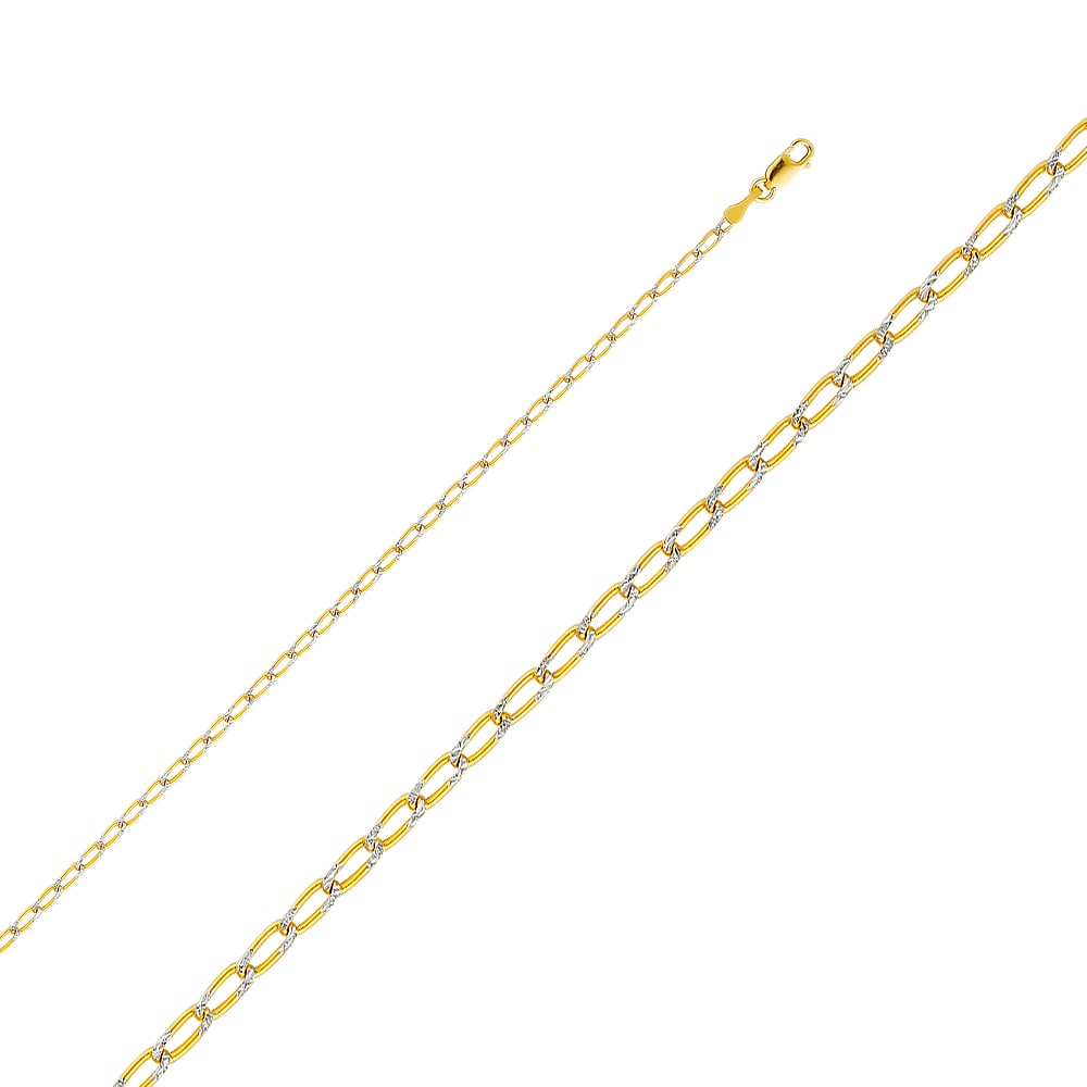 14KY OPEN FIGARO WP CHAIN: 14KY Open Figaro WP Chain Material Type : 14k Gold Material Color : Two Tone Avg. Weight: Avg. Weight: 4.2 Gr. Size: Length : 20 inch, Width 2.2mm Accessories: None Notice: When purchasing pre-owne