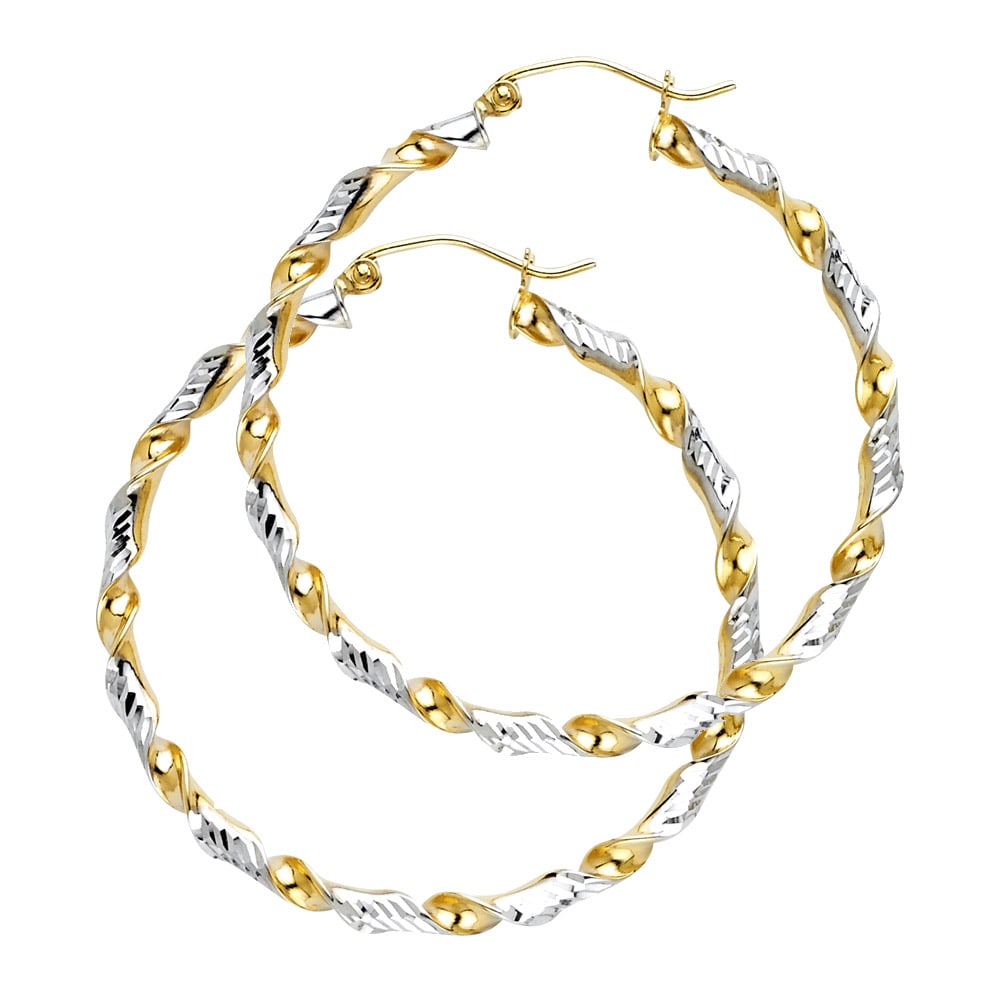 14K 2T DC SWIRL HOOP EARRINGS: 14K 2T DC Swirl Hoop Earrings Material Type : 14k Gold Material Color : Two Tone Avg. Weight: Avg. Weight: 3.13 Gr. Size: Height : 40 mm, Width : 40 mm Accessories: None Notice: When purchasing pre