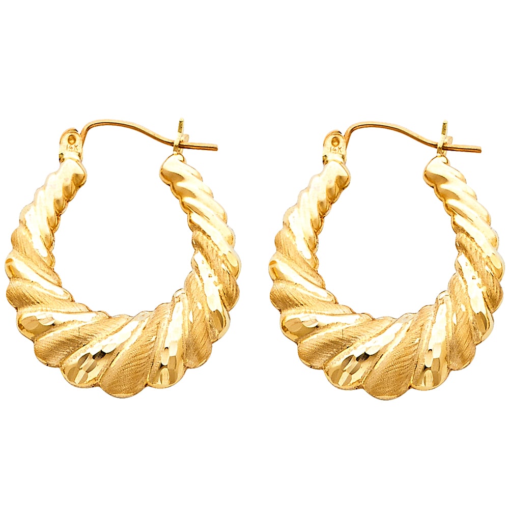 14KY FANCY HOLLOW HOOP EARRINGS: 14KY Fancy Hollow Hoop Earrings Material Type : 14k Gold Material Color : Yellow Avg. Weight: Avg. Weight: 2.37 Gr Size: Height : 25 mm, Width : 25 mm Accessories: None Notice: When purchasing pre-