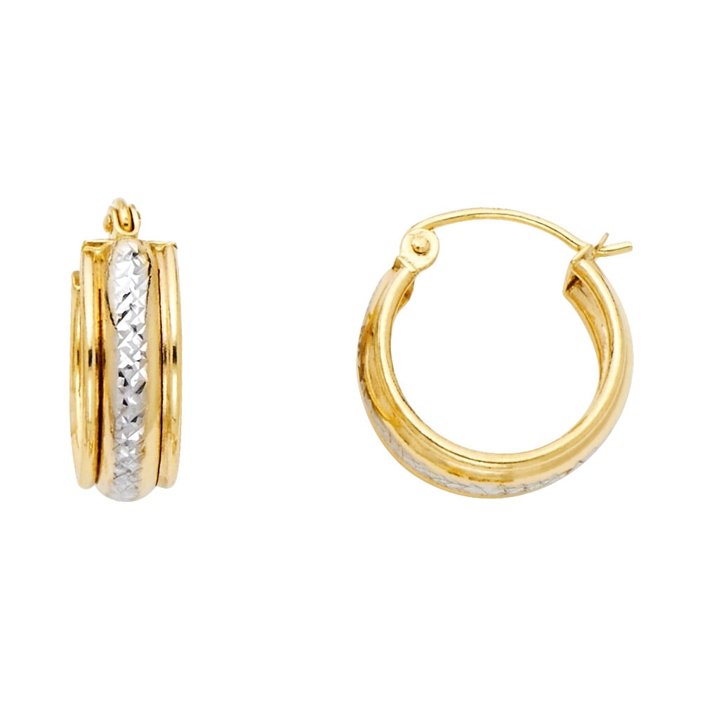 14K 2T DC STAMP HUGGIES EARRINGS: 14K 2T DC Stamp Huggies Earrings Material Type : 14k Gold Material Color : Two Tone Avg. Weight: Avg. Weight: 1.34 Gr. Size: Height : 15 mm, Width : 15 mm Accessories: None Notice: When purchasing