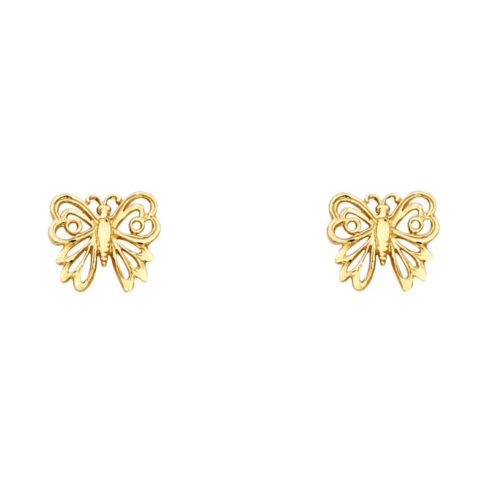 14KY SMALL BUTTERFLY POST EARRINGS: 14KY Small Butterfly Post Earrings Material Type : 14k Gold Material Color : Yellow Avg. Weight: Avg. Weight: 0.86 Gr. Size: Height : 8 mm, Width : 9 mm Accessories: None Notice: When purchasing pr