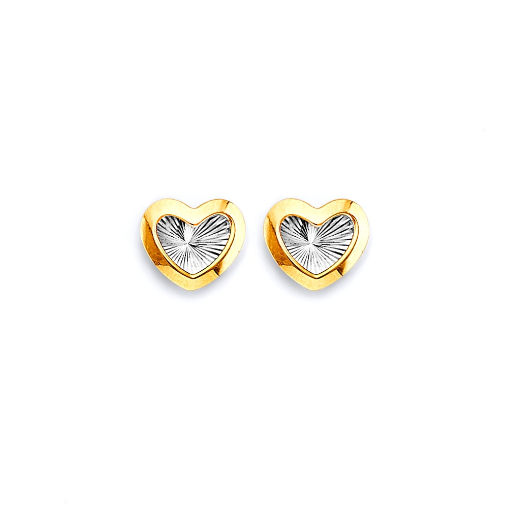 14K 2T DC HEART PUSH BACK EARRINGS: 14K 2T DC Heart Push Back Earrings Material Type : 14k Gold Material Color : Two Tone Avg. Weight: Avg. Weight: 1.04 Gr. Size: Height : 7 mm, Width : 7 mm Accessories: None Notice: When purchasing