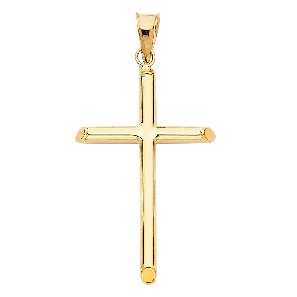 14KY HOLLOW ROUND TUBE CROSS: 14KY Hollow Round Tube Cross Material Type : 14k Gold Material Color : Yellow Avg. Weight: Avg. Weight: 1.25 Gr. Size: Height 40 mm, Width 20 mm Accessories: None Notice: When purchasing pre-owned