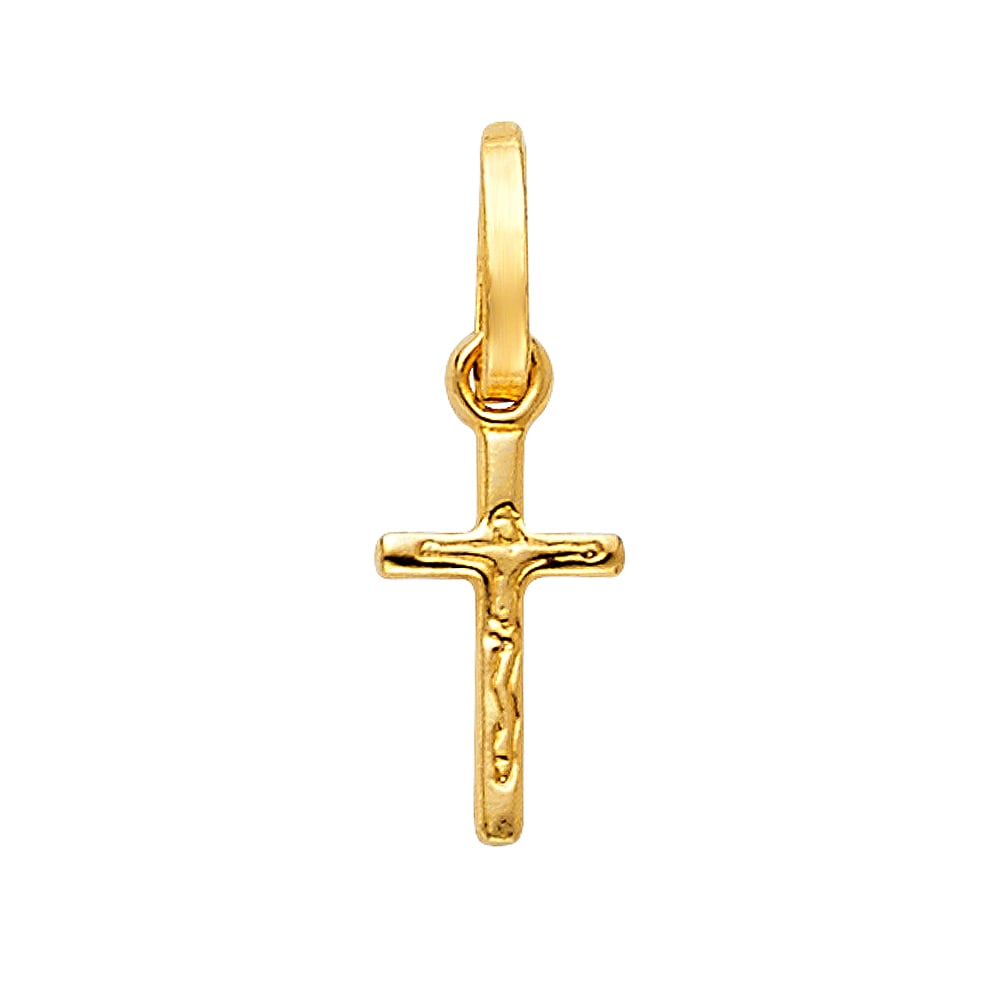 14KY CRUCUFIX DESIGN TINY CROSS: 14KY Crucufix Design Tiny Cross Material Type : 14k Gold Material Color : Yellow Avg. Weight: Avg. Weight: 0.43 Gr. Size: Height 10 mm, Width 5 mm Accessories: None Notice: When purchasing pre-owne