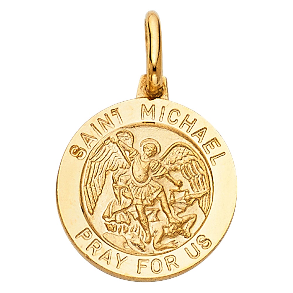 14KY ST. MICHAEL PENDANT: 14KY St. Michael Pendant Material Type : 14k Gold Material Color : Yellow Avg. Weight: Avg. Weight: 2.03 Gr. Size: Height 18 mm, Width 15 mm Accessories: None Notice: When purchasing pre-owned good