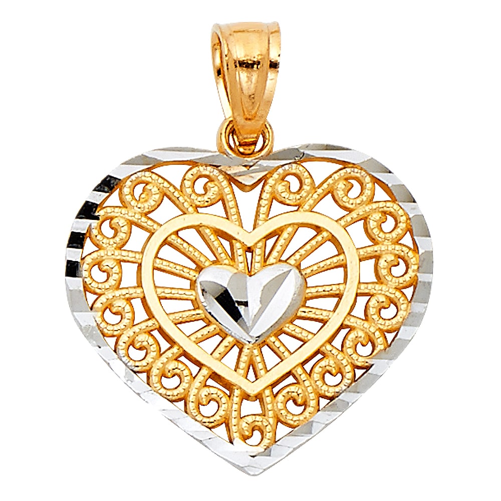 14K HEART PENDANT: 14K Heart Pendant Material Type : 14k Gold Material Color : Two Tone Avg. Weight: Avg. Weight: 0.91 Gr. Size: Height 15 mm, Width 17 mm Accessories: None Notice: When purchasing pre-owned goods, pl