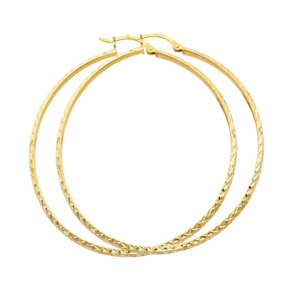 14KY DC HOLLOW ROUND TUBE HOOP EARRINGS: 14KY DC Hollow Round Tube Hoop Earrings Material Type : 14k Gold Material Color : Yellow Avg. Weight: Avg. Weight: 3.27 Gr. Size: Height : 55 mm, Width : 55 mm Accessories: None Notice: When purcha