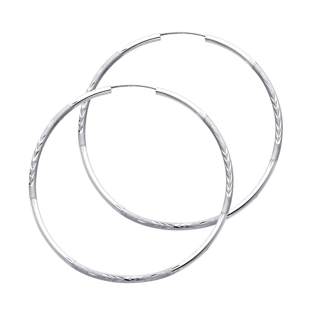 14KW BUDDED DC ENDLESS HOOP EARRINGS: 14KW Budded DC Endless Hoop Earrings Material Type : 14k Gold Material Color : White Avg. Weight: Avg. Weight: 2.48 Gr. Size: Height : 50 mm, Width : 50 mm Accessories: None Notice: When purchasing