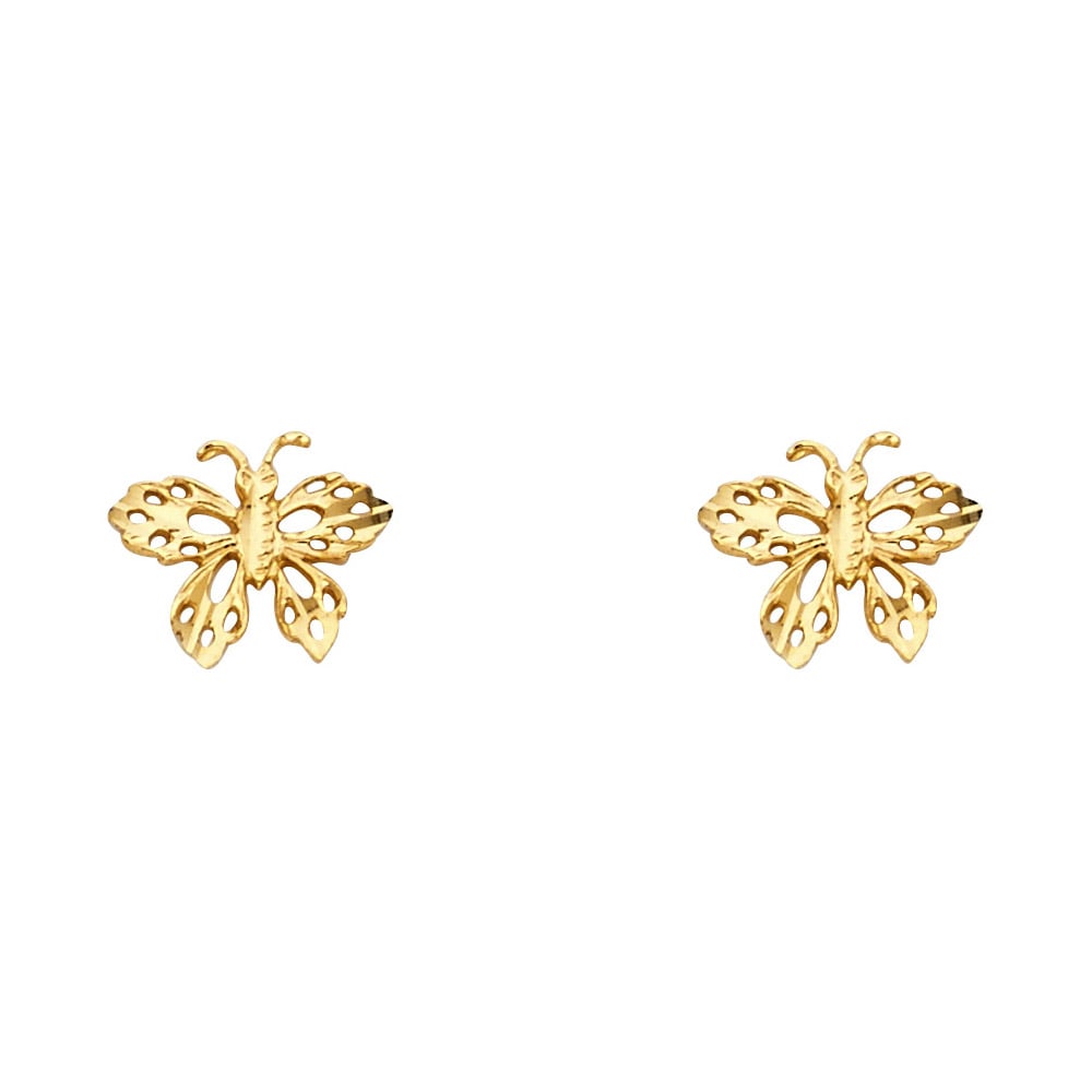 14KY SMALL BUTTERFLY POST EARRINGS: 14KY Small Butterfly Post Earrings Material Type : 14k Gold Material Color : Yellow Avg. Weight: Avg. Weight: 0.8 Gr. Size: Height : 8 mm, Width : 10 mm Accessories: None Notice: When purchasing pr