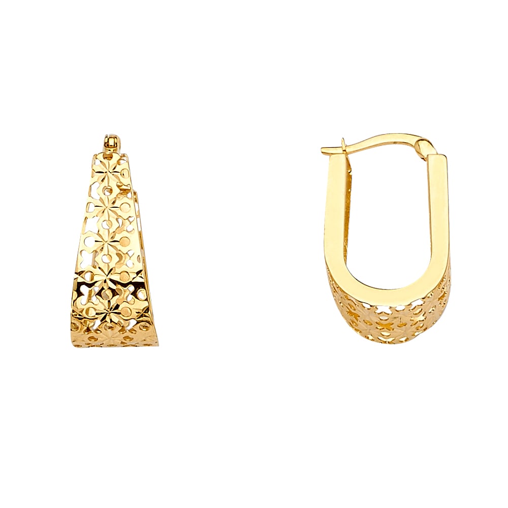 14KY FILIGREE U SHAPE EARRINGS: 14KY Filigree U Shape Earrings Material Type : 14k Gold Material Color : Yellow Avg. Weight: Avg. Weight: 2.51 Gr. Size: Height : 23 mm, Width : 13 mm Accessories: None Notice: When purchasing pre-