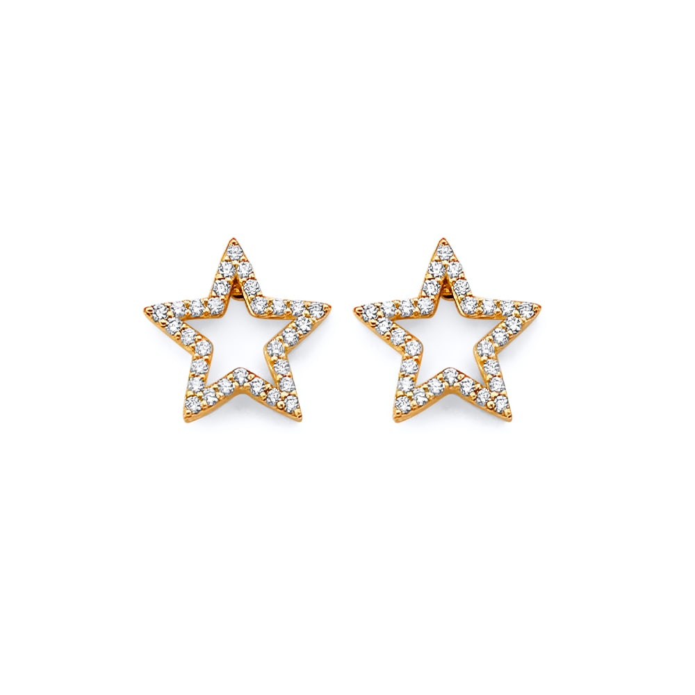 14KY CZ STAR PUSH BACK EARRINGS: 14KY CZ Star Push Back Earrings Material Type : 14k Gold Material Color : Yellow Avg. Weight: Avg. Weight: 1.14 Gr. Size: Height : 10 mm, Width : 10 mm Accessories: None Notice: When purchasing pre