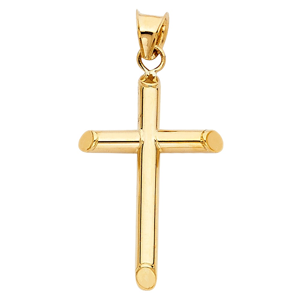 14KY HOLLOW ROUND TUBE CROSS: 14KY Hollow Round Tube Cross Material Type : 14k Gold Material Color : Yellow Avg. Weight: Avg. Weight: 1.05 Gr. Size: Height 35 mm, Width 15 mm Accessories: None Notice: When purchasing pre-owned